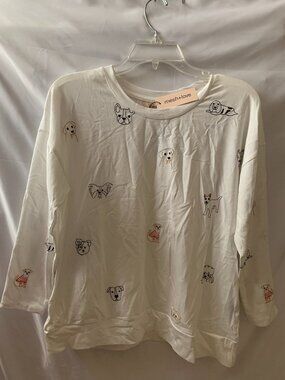 MESH + LOVE Dog Embroidered Long Sleeve Tee in White Sz MEDIUM